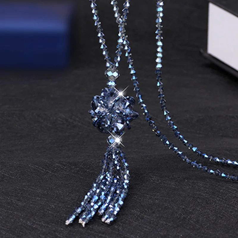 Новое поступление, изящные корейские длинные ожерелья с кристаллами, 10 цветов, 1 шт., ожерелья с подвеской на свитер для девочек