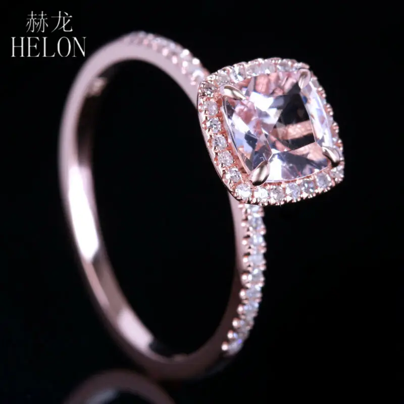 

HELON Solid 14K Rose Gold Claw Prongs Flawless 6X6mm Cushion Pink morganite Real Diamonds engagement Wedding Trendy Jewelry Ring