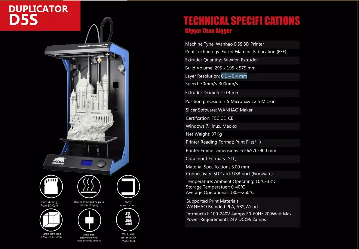 WANHAO производитель D5S Полностью Собранный 3d принтер большая площадь печати с высокой точностью