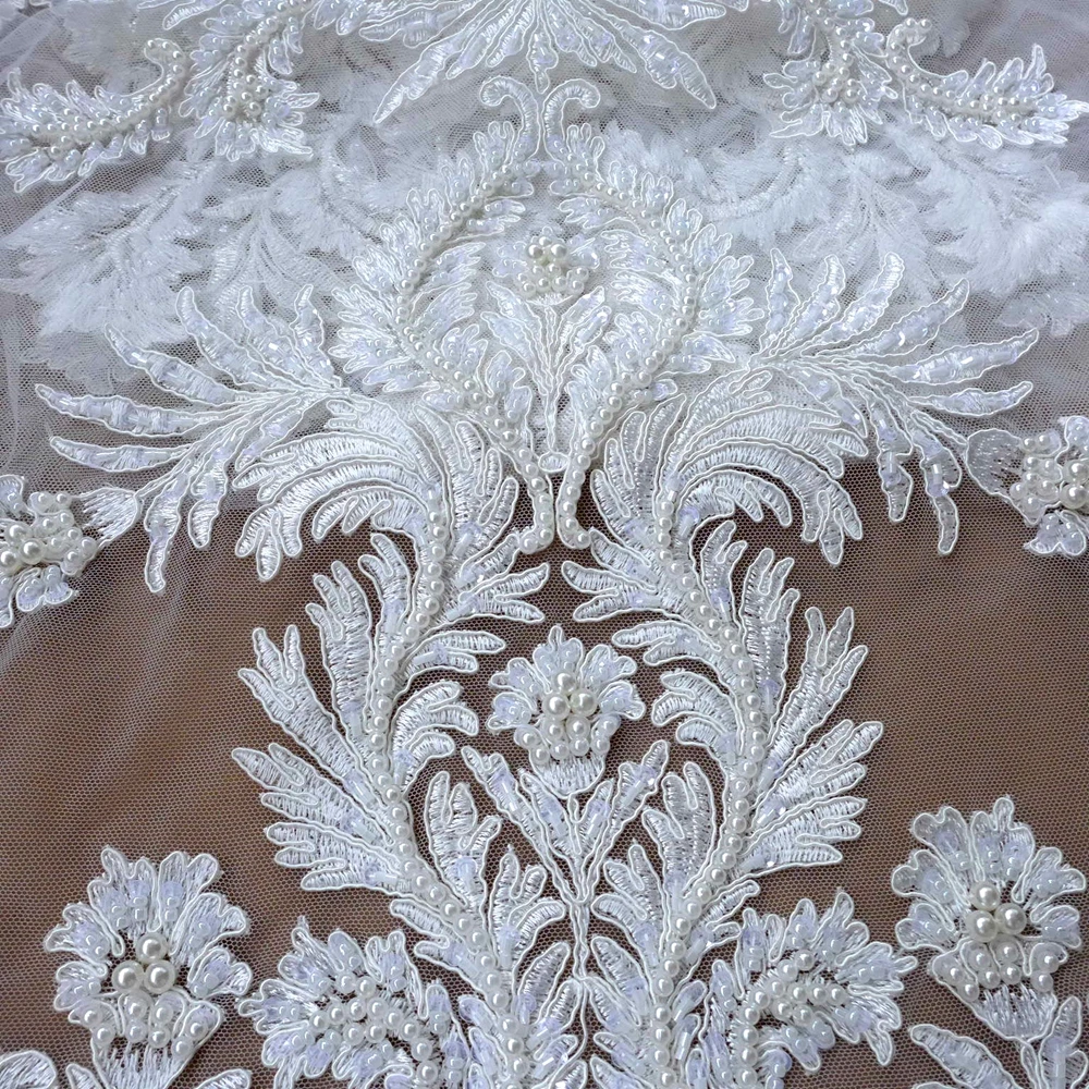 La Belleza ivory/white large pattern cord lace fabric heavy beaded fabric handmade beading lace gown lace fabric 1 yard