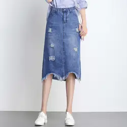 1913 юбка для девочек простой дикий разделение Дамы высокая Талия Тонкий похудения джинсовая отверстие слово юбки женщи