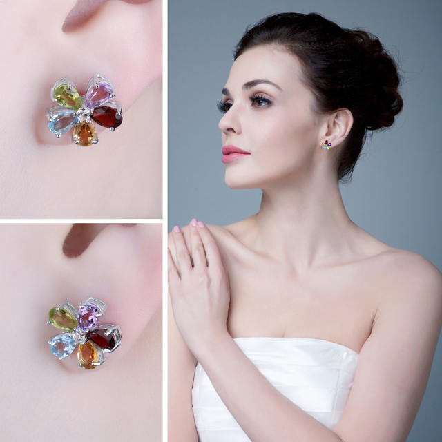 JewelryPalace Flower 4.3ct Multicolor Natural Amethyst Citrine Garnet Peridot Blue Topaz Stud Earrings 925 Sterling Silver