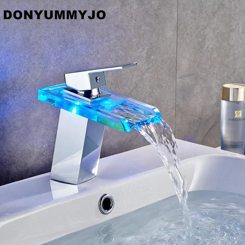 Donyummyjo جودة عالية أدى ضوء شلال صنبور الحمام حوض صنبور سطح جبل مربع الغرور بالوعة خلاط صنبور