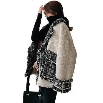 

Women 2019 Spring Autumn Tweed Plaid Stitching Artificial Lambswool Coat Female Loose Casual Overcoat Chic Plush Outerwear V960