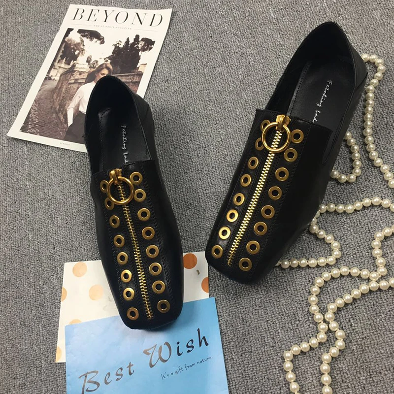 Marca Para Ocio Black Zip Calzado Punk Diseñador Zapatos Frente Femenino Rivet De Las Pisos Mules Toe Flats Cuadrado Cuero brown Mujeres Genuino xHq0ggB
