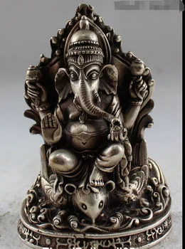 

SHUN 6" Tibet Temple Silver 4 Arms Lord Ganesha Buddha Statue