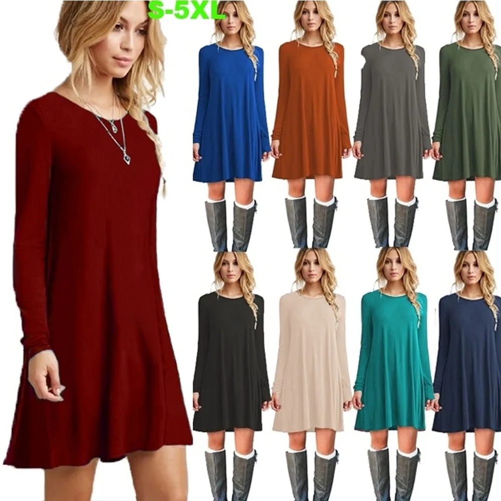 

Women Loose Mini Dress Casual Club Dress O-neck Outdoor Sports Dresses Ladies Knitted Dress Solid Color Cotton Long Sleeve Shirt