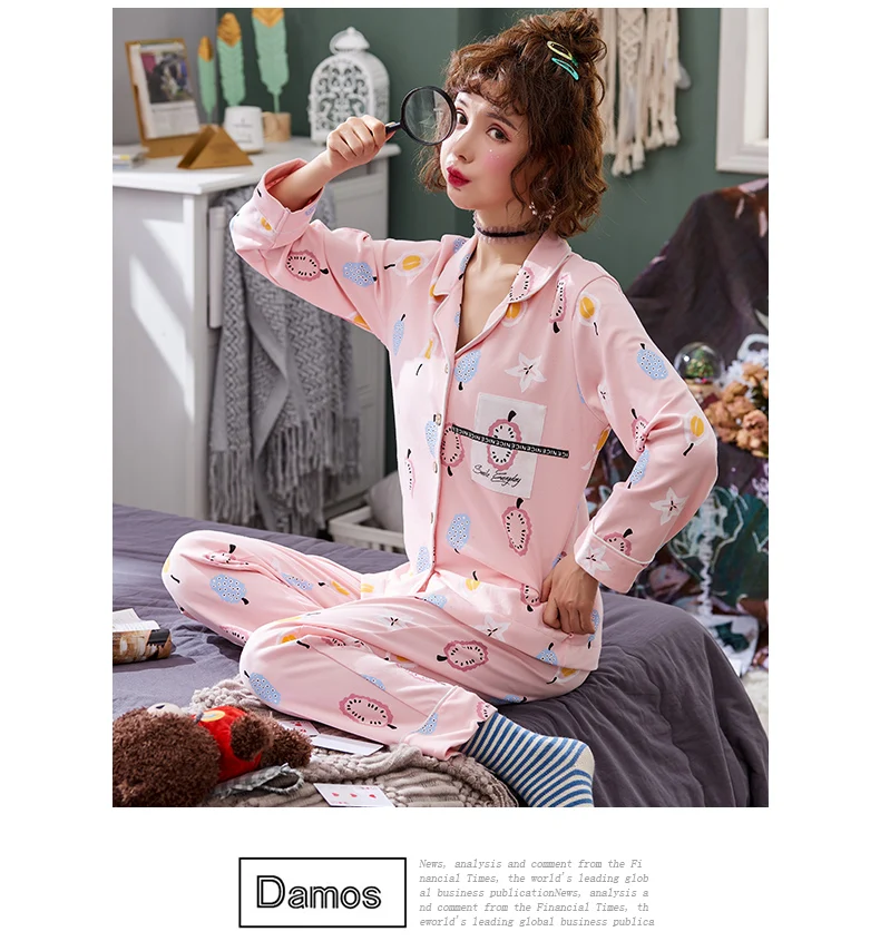 Осенние розовые Хлопковые женские пижамные комплекты с длинными рукавами высокого качества пижамный комплект с милым принтом для женщин