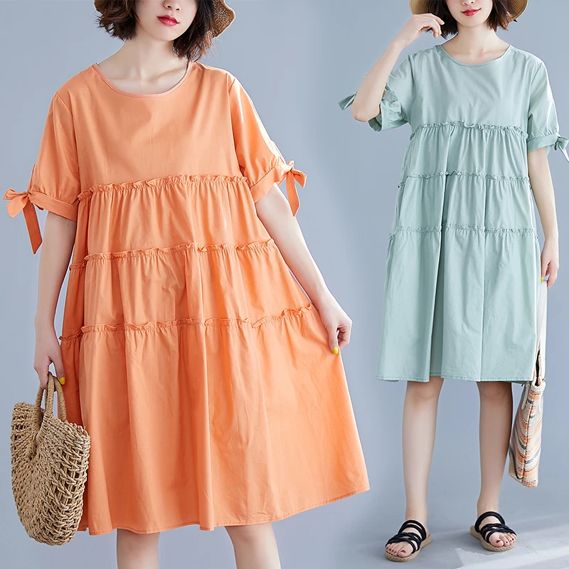 

#0144Dresses Oversize Summer Short Sleeve Cotton Loose Midi Dresses Women Casual O-Neck Cascading Ruffle Dress Femme Solid Color