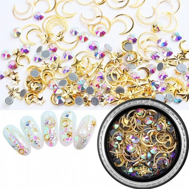 

1 Box Hollow Gold Nail Art 3D Decoration Metal Nail Rivet Triangle Moon Studs & Crystal AB Rhinestones DIY Nail Decoration DJS01