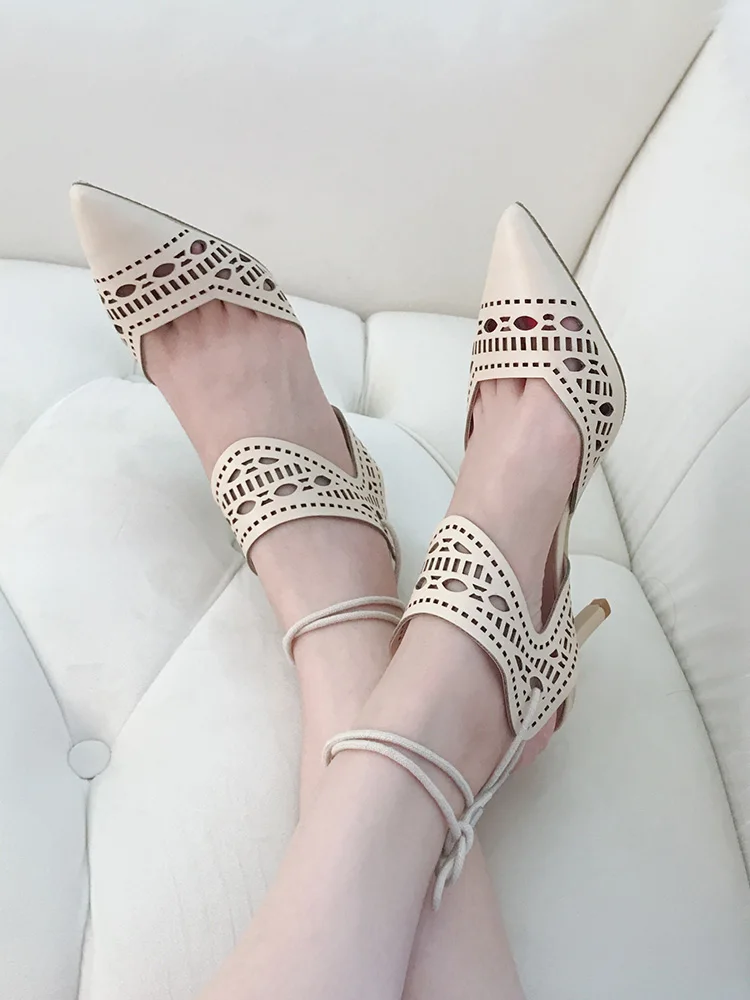 

Solid Beige Black Leather Women Sandals Chic Fretwork Ankle Strap Gladiators Sexy Pointed Toe High Heels Shoes Woman Designers