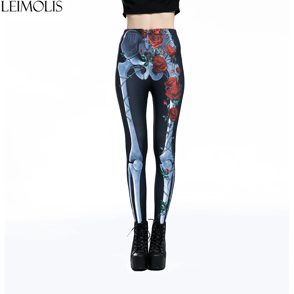 

LEIMOLIS 3D print rose skeleton black Gothic harajuku sexy plus size high waist push up fitness workout leggings women pants