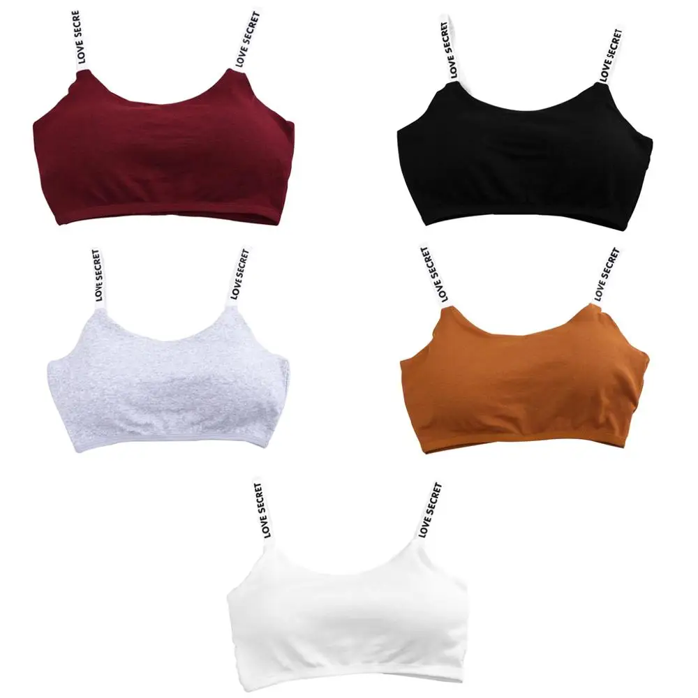 

Women Student Letters Printed Spaghetti Straps Bra Removable Padded Seamless Bralette Solid Color Cotton 3 Hook & Eye Crop Top