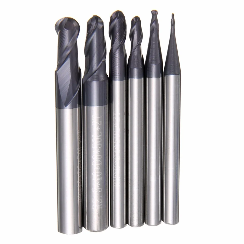 

6pcs 2 Flute Ball Nose End Mill 50mm Nitrogen Coated CNC Milling Cutting R0.5-3.0mm Mayitr For Power Tools