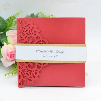 

Purplish red laser cut pocket fold invitation card with glitter belt