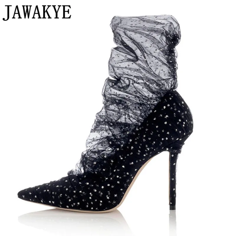 Пикантные ботильоны для женщин на высоком каблуке из сетчатого материала; весенние блестящие туфли-лодочки с украшением в виде кристаллов; женская обувь из натуральной кожи с острым носком
