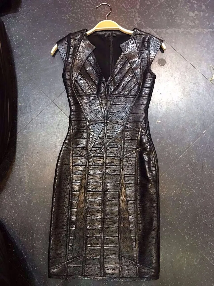 Высокое качество, женское сексуальное Дизайнерское черное Золотое Платье-бандаж с v-образным вырезом,, женское элегантное облегающее Бандажное платье