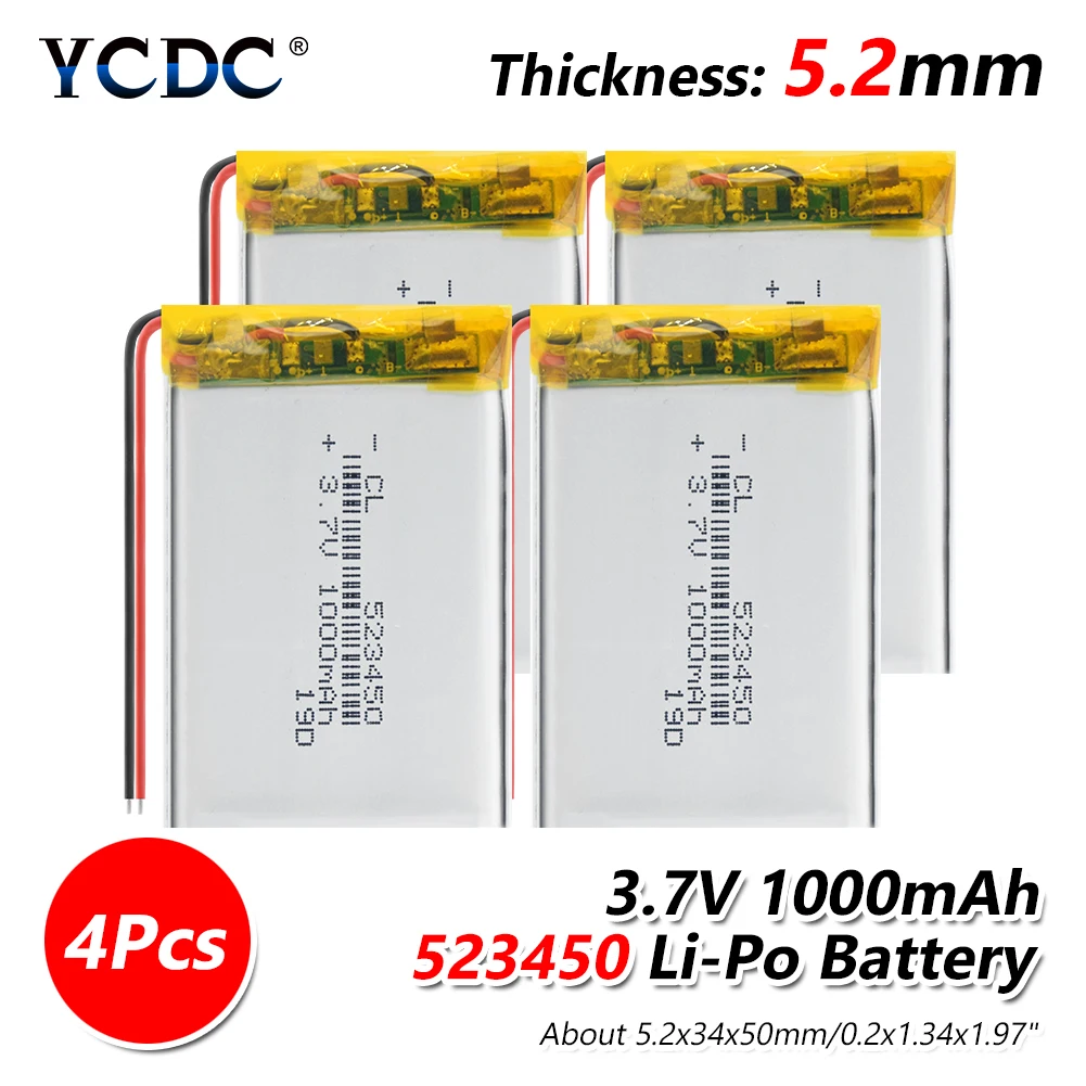 Поставка литиевая батарея литиевая полимерная аккумуляторная батарея 523450 1000mAh 3,7 V для MP3 MP4 MP5 gps psp MID Bluetooth гарнитура - Цвет: 4 PCS