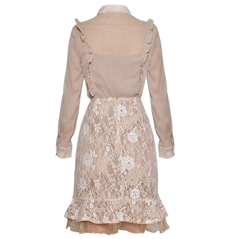 Manches Volants 2 down Chemises Tenue Pièces Jupes Beige Longues Outfit Pièce Nu Deux Mode Femmes Blouse Dentelle À Définit Turn Col 7qz4C