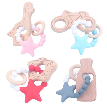 

Baby Newborn Teething Toys BPA Free Soft Silicone Star Pattern Teethers with Wood Bottle Shape Toy Baby Teether Accessories