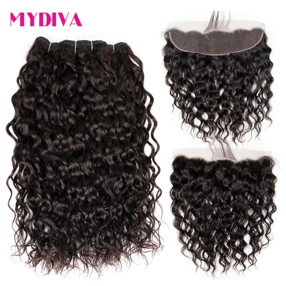 Brazilian Water Wave Bundles With Frontal Human Hair Bundles With Closure Non-Remy Lace Frontal Closure With Bundles Mydiva
