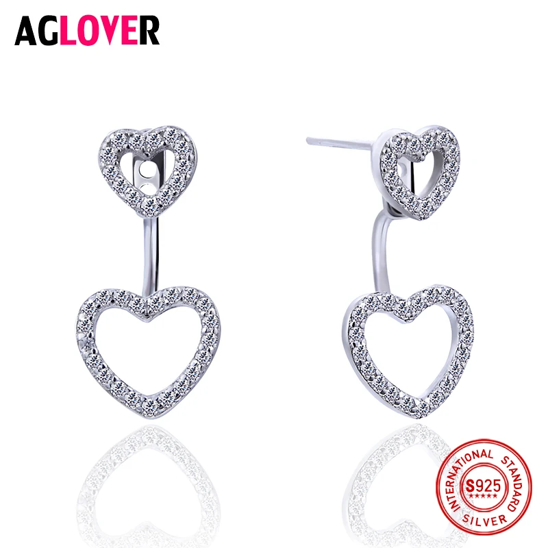 

AGLOVER Double Heart Stud Earring Fashion 925 Sterling Silver AAA Crystal Earrings for Women Charm Wedding jewelry