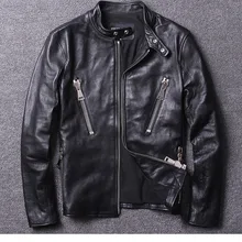 Men'sgenuine Кожаная куртка Воск Sensation растительного дубления коровьей мотоцикл одежда Стенд воротник молния осенне-зимнее пальто
