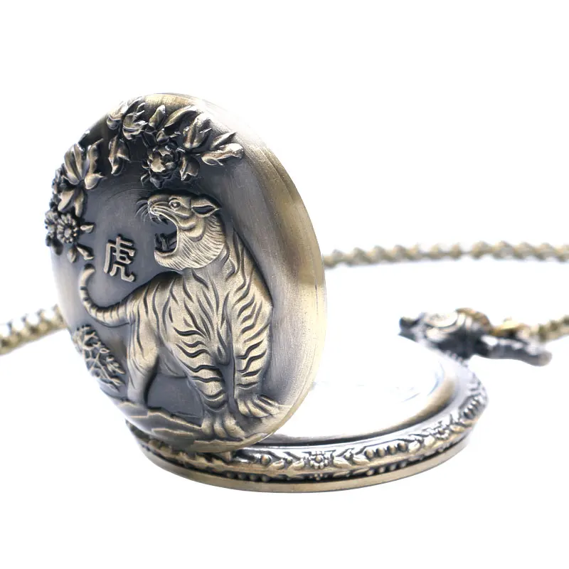 Bronze Tiger Quartz Pocket Watch Chinese Zodiac Slim Necklace Pendant Watches Womens Men Birthday New Year Gifts Animal Clocks (4)