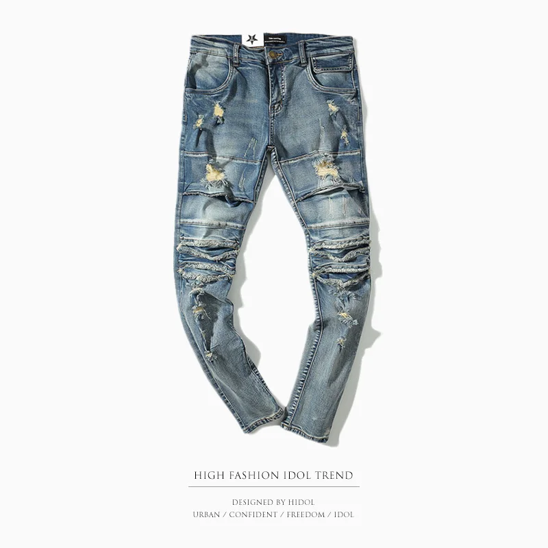 Ripped Skinny Distressed Pleated Jeans Men European Brand clothing