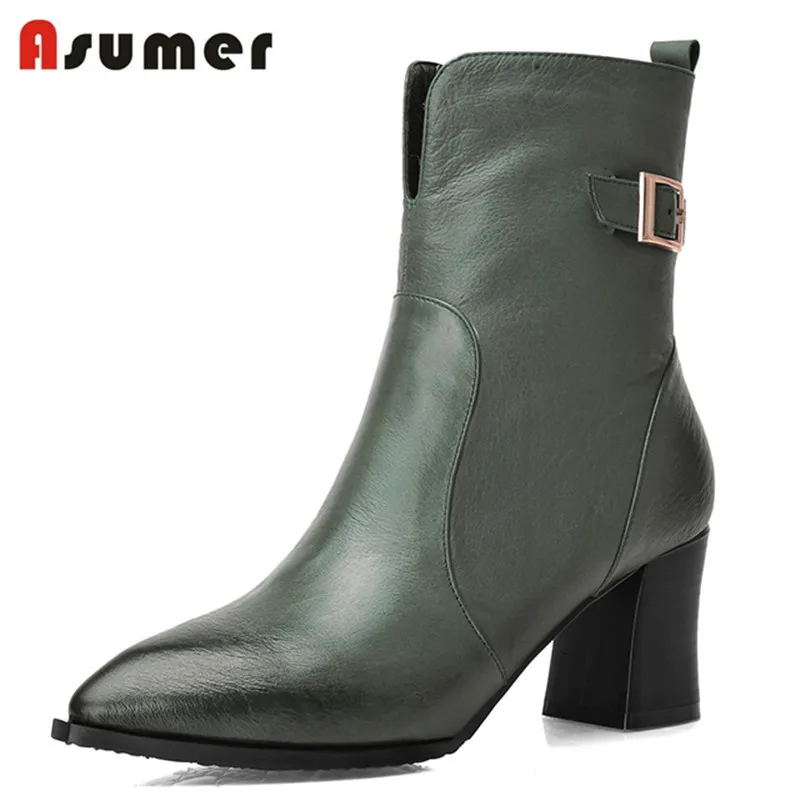 Asumer; коллекция года; Модные ботильоны из натуральной кожи высокого качества с острым носком; цвет черный, зеленый; популярные женские ботинки на высоком каблуке с пряжкой