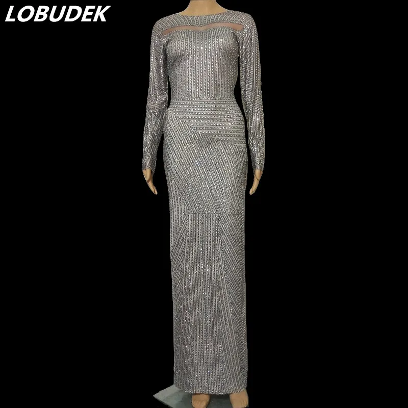 

Full Rhinestones Gray Stripe Long Dress Women Evening Wear Singer Host Stage Performance Tight Dress Crystal Dresses Costume