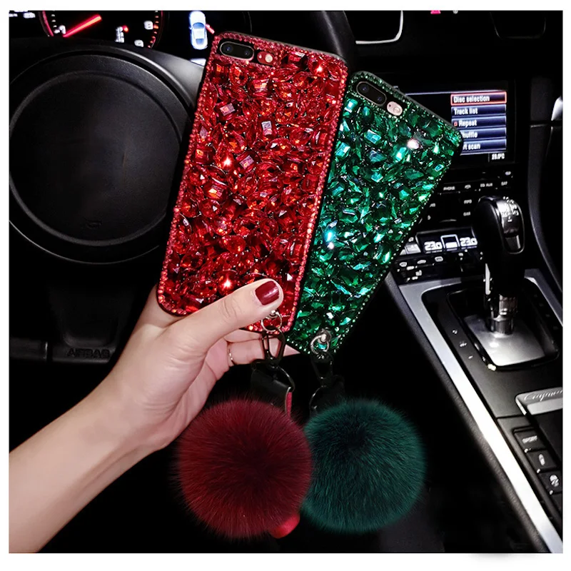 

For huawei honor p8 p9 p10 p20 lite plus 2017 mate 8 9 10 Luxury diamond Rhinestone fox furry pompom soft TPU case cover lanyard