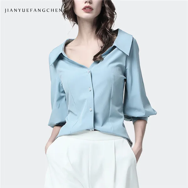Women Lycra Shirt Puff Sleeve Square Neck Office Wear Shirts New Summer Minority Ladies Stylish Fashion Tops And Blouses - Цвет: Light Blue