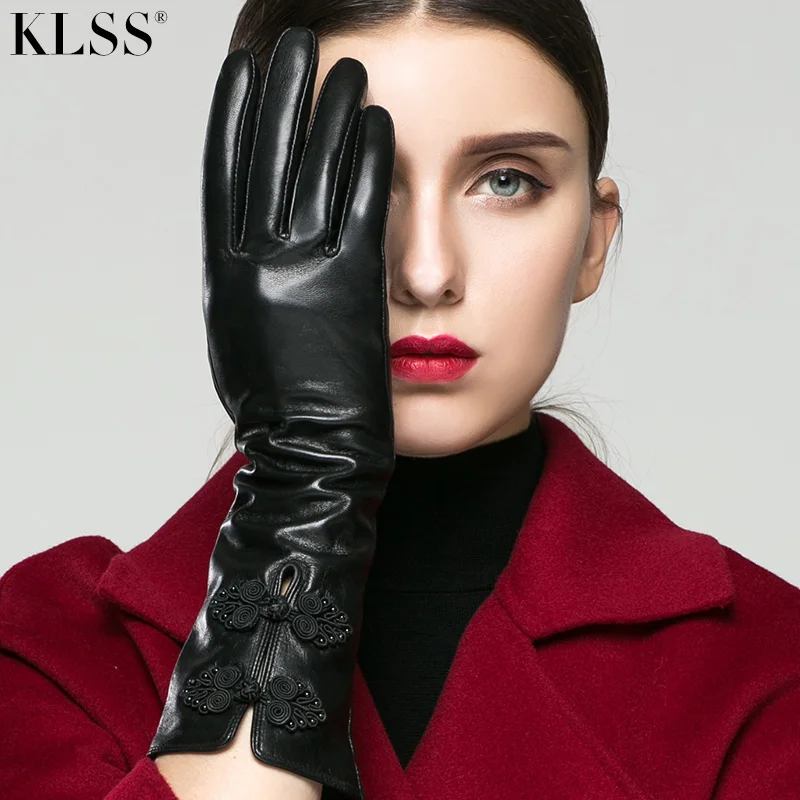 KLSS Brand Genuine Leather Women Gloves Chinese Style Lute buckle 35cm ...