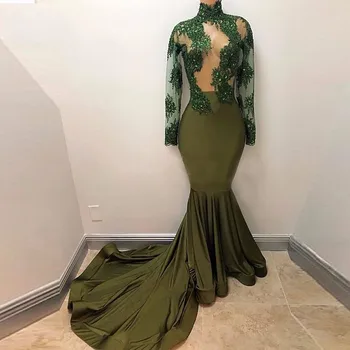 

2018 Evening Dress abiye Robe De Soiree Long Sexy Evening Dresses Olive Formal Dresses Lace High Neck vestido de festa longo