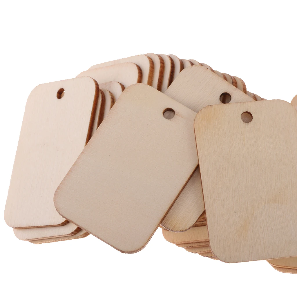 50 Pieces Wooden Rectangle Craft Shape Tag Embellishment for Craft with Rope Unfinished Wood Cutout Chips for Pieces Arts