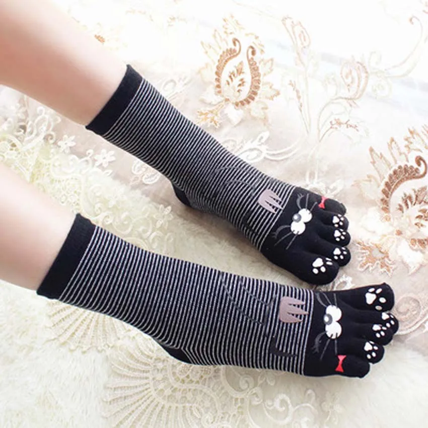 Забавные фанки длинные женские носки хлопок пять носок с пальцами озорной котенок сплошной цвет печать 5 пальцев носки пара для девочек или женщин