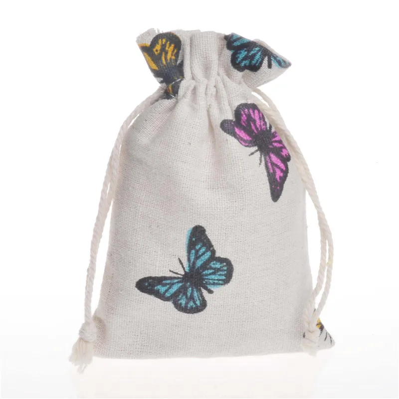 Butterfly Design Cotton Linen Bags Sack Wedding Favor Drawstring Gift Incense Storage Bag