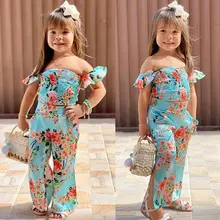Новинка года, Стильная летняя одежда с цветочным рисунком для маленьких девочек топы с открытыми плечами, длинные штаны с разрезом восхитительный комплект одежды для детей от 2 до 6 лет