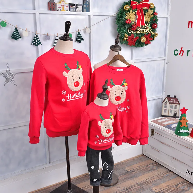 Зимние одинаковые комплекты для семьи Рождественский свитер детская одежда с милым оленем Детская футболка с добавлением шерсти Теплая семейная одежда P001