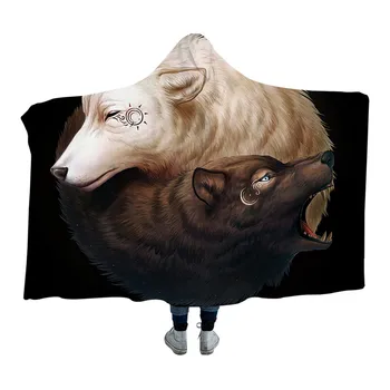 

Yin and Yang Wolves Black by Hooded Blanket for Kids Adults Sherpa Fleece Tai Chi Wolf Microfiber Wearable Blanket