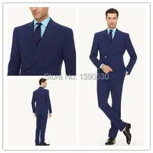 Шерсть, ручная работа, синяя полоса, 2 предмета(куртка+ штаны), двойная грудь, шесть пуговиц, заостренный лацкан, деловой костюм