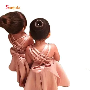 

Blush Pink Satin Flower Girls Dresses A-Line Cute Kids Pageant Party Dresses Back Bow Criss-Cross Birthday Party Gown D590