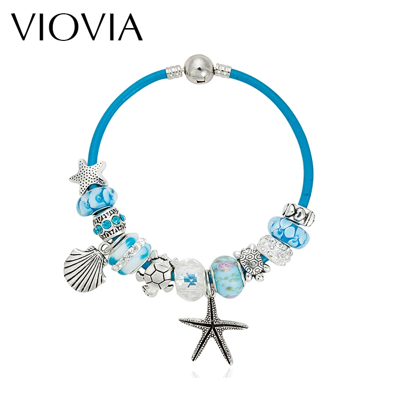 

VIOVIA Summer Style Blue Leather Bracelets & Bangles Sea Turtle Charm murano glass beads bracelet for women B15180