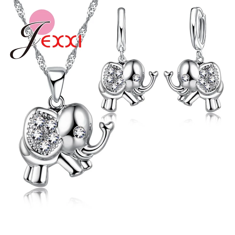 

Animals Elephant 925 Sterling Silver Jewelry Set Earrings Pendant Necklace Filled Crystals Wedding Engagement Accessory