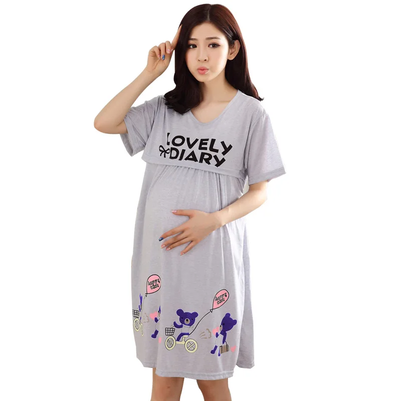 

2019 Maternity Breastfeeding Nightgown Cartoon Pregnant Nursing Pyjamas Sash Casual Pregnancy Nightdress Clothes Sleepwear