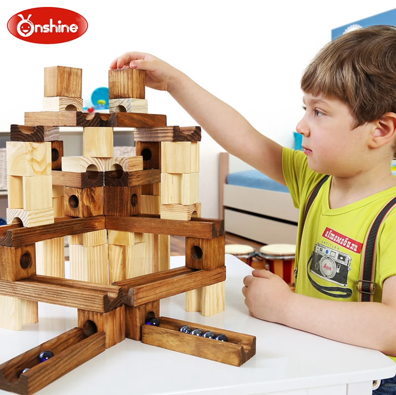 

ONSHINE 45pcs Children wooden marbles building blocks/ Kids ball cube evolution blocks with English instruction educational toys