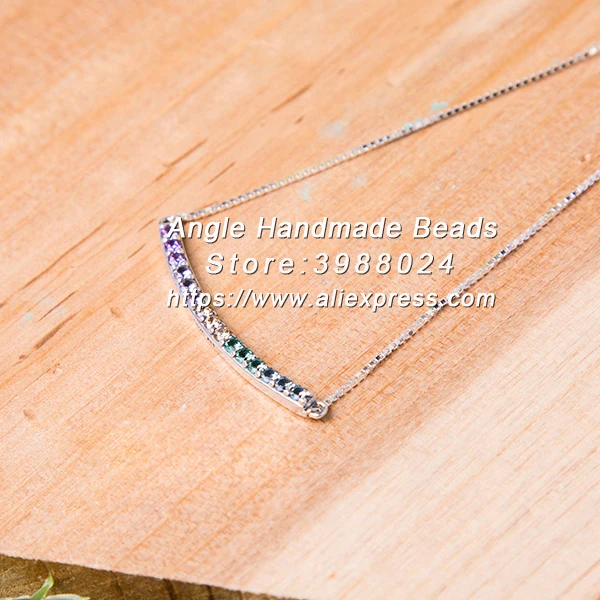 

2018 Spring Fashion S925 Sterling Silver Multi-Colored Curved Bar With CZ Necklace For Women Jewelry 50MM Chain Adjustable NC035