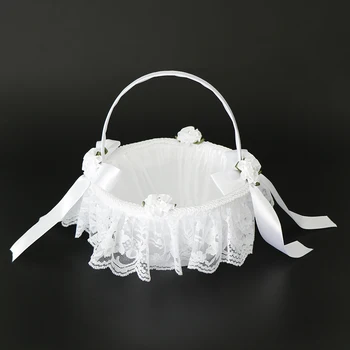

Wedding Flower Girl Basket With Romantic Lace Satin Bow Rose Flower Rhinestone Decor White