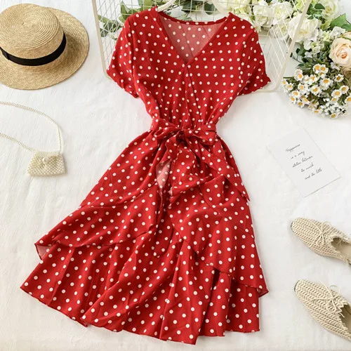 Vintage Polka Dot Print V Neck Ruffles Short Bandage Dress Chiffon Summer Party Women Casual High Waist Beach Dresses - Color: Red